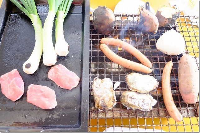 糸島牡蠣小屋、福吉漁港・伸栄丸（佐々木）で肉、芋、ウインナー