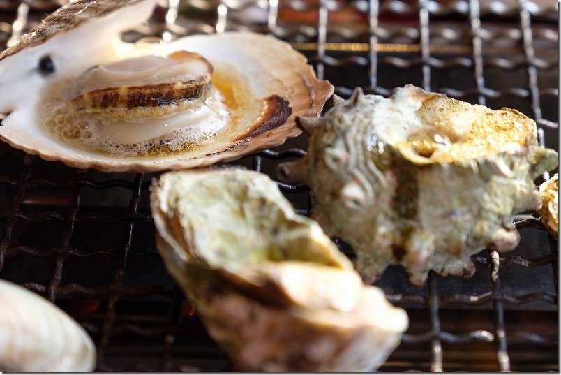 糸島、浜焼き白浜屋で海鮮バーベキュー、焼きサザエ、ホタテ、牡蠣