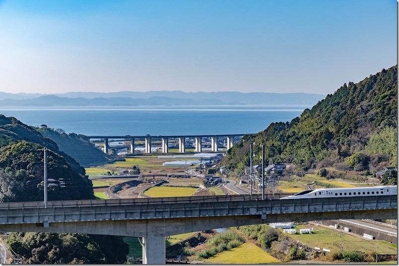 西九州新幹線の撮影スポット、大村湾の海と新幹線、F1撮影スポット