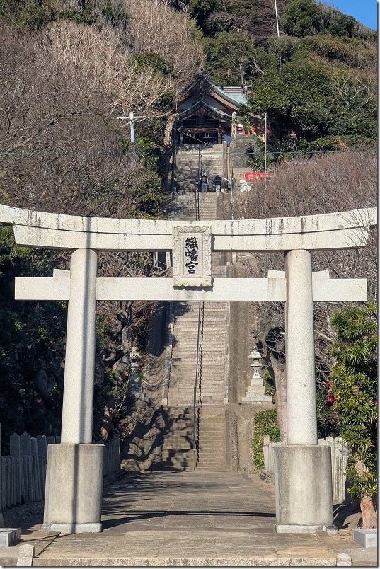 織幡神社へ参拝 下から見上げた石段と本殿 織幡神社へ参拝 下から見上げた石段と本殿