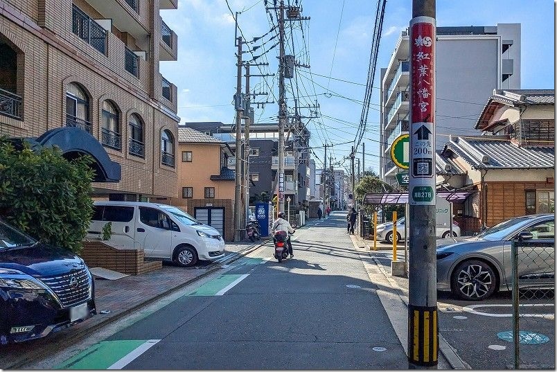 電柱など紅葉八幡宮への案内が貼られている 電柱など紅葉八幡宮への案内が貼られている