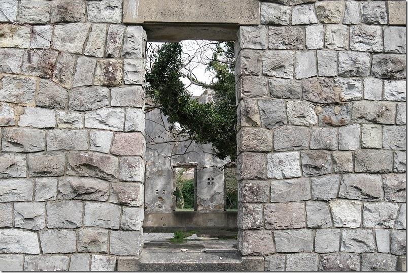 片島魚雷発射試験場跡（片島公園） 空気圧縮ポンプ室跡の廃墟の中に生えた木