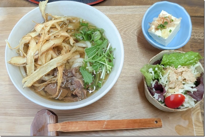 食の駅あきちゃんのランチセットの鐡馬うどんセット｜サラダと冷奴と馬肉・ごぼう天入りうどん