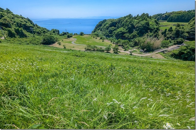 壱岐・当田ダムの上から見下ろすと、草原から背景の青い海までコントラストがすさまじく綺麗