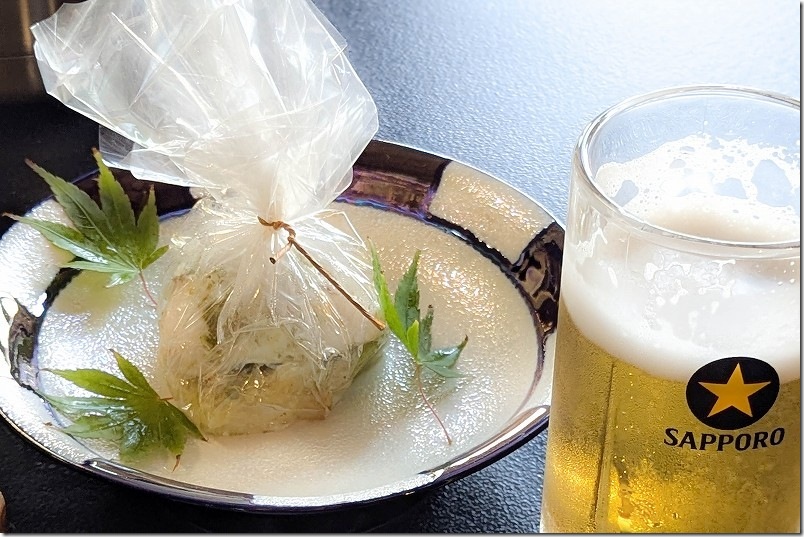 壱岐・繁屋千賀荘の夕食｜鯛の包み焼き・生ビール
