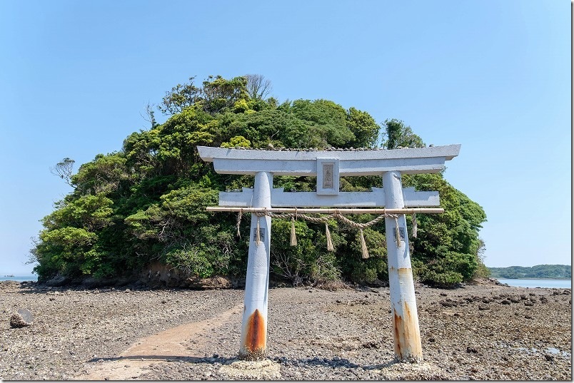 壱岐・小島神社の参道の鳥居、参道の様子（砂・岩・牡蠣）