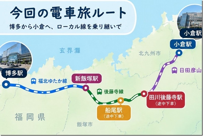 電車旅のルート|博多-新飯塚-船尾-田川後藤寺-小倉 電車旅のルート|博多-新飯塚-船尾-田川後藤寺-小倉